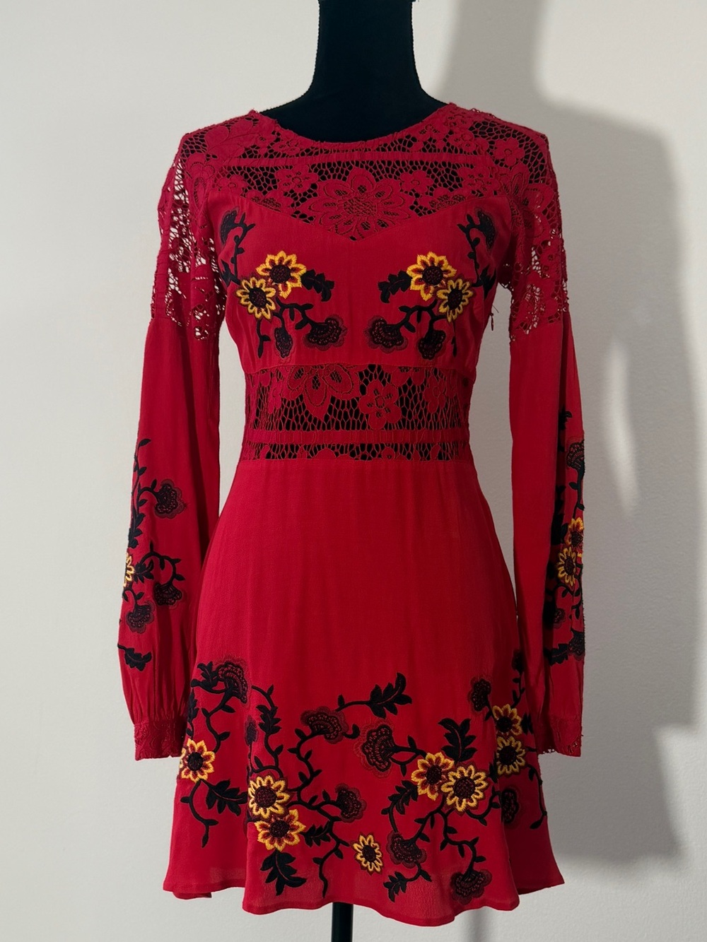 For Love & Lemons Red Long-Sleeve Embroidered Lace Dress